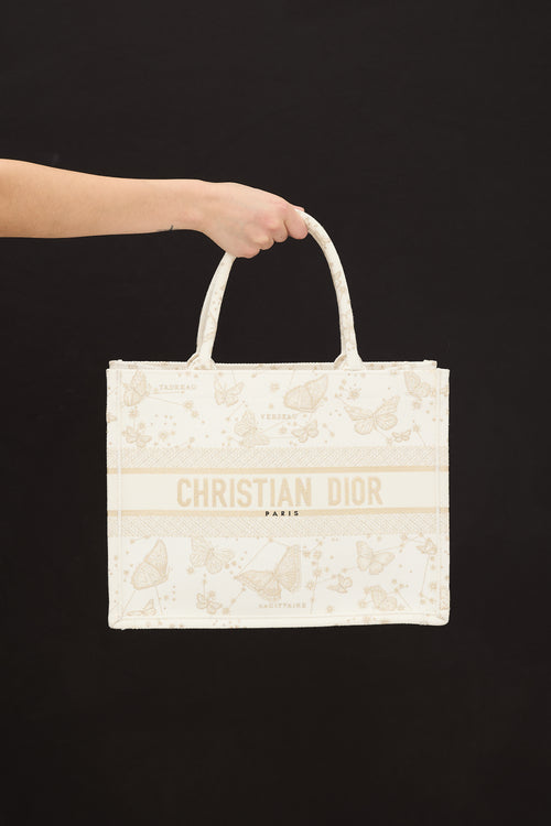 Dior White & Gold Canvas Zodiac Embroidered Medium Book Tote Bag