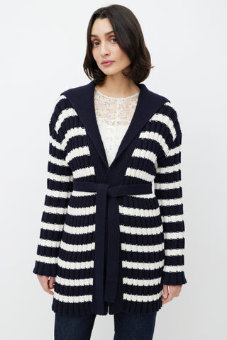 Dior White & Navy Belted Knit Cardigan