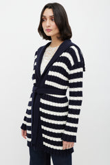 Dior White & Navy Belted Knit Cardigan