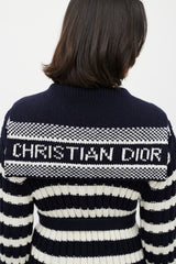 Dior White & Navy Belted Knit Cardigan