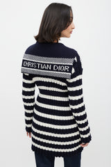 Dior White & Navy Belted Knit Cardigan