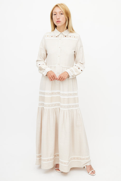 Dodo Baror Beige & White Knit Eyelet Dress