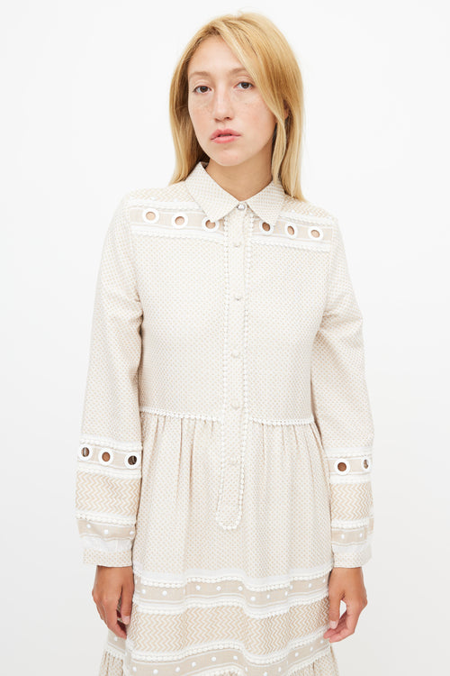 Dodo Baror Beige & White Knit Eyelet Dress