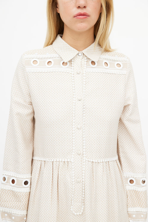 Dodo Baror Beige & White Knit Eyelet Dress