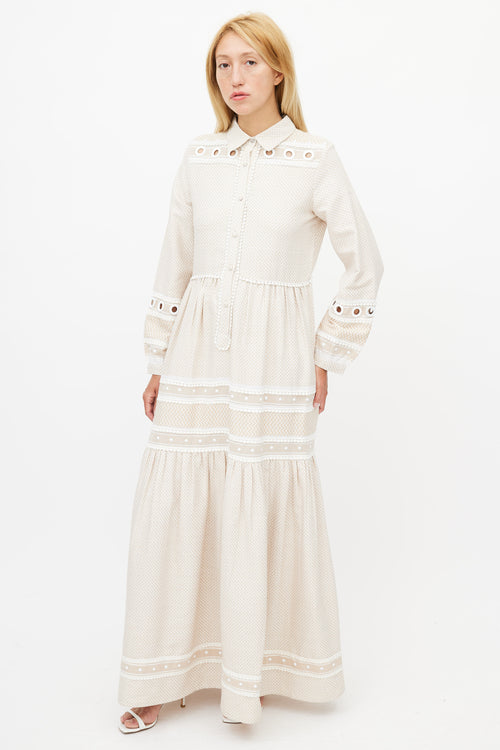 Dodo Baror Beige & White Knit Eyelet Dress