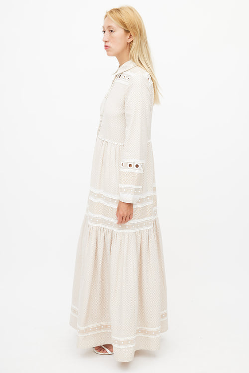 Dodo Baror Beige & White Knit Eyelet Dress