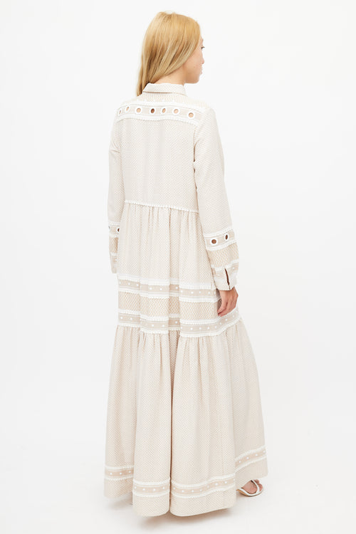 Dodo Baror Beige & White Knit Eyelet Dress