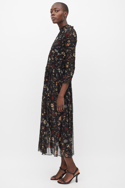 Dôen Black & Multicolour Silk Floral Sheer Dress