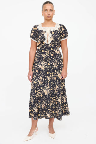 Dôen Silk Floral Lace Belted Dress