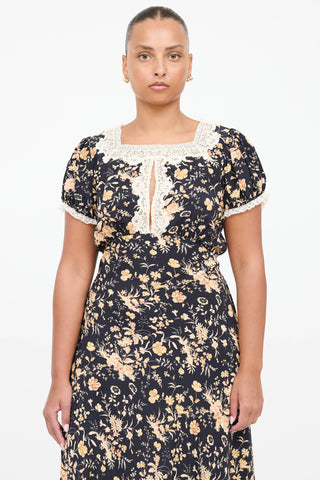 Dôen Silk Floral Lace Belted Dress