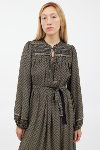 Dôen Green & Black Geometric Silk Belted Dress