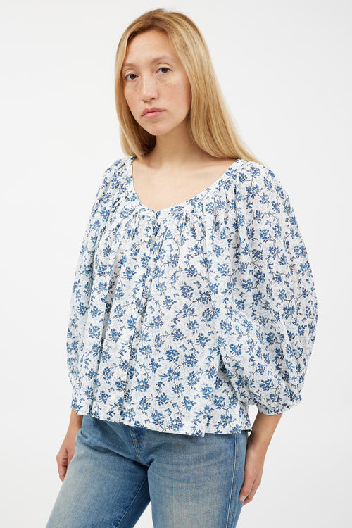Dôen White & Blue Floral Pleated Top