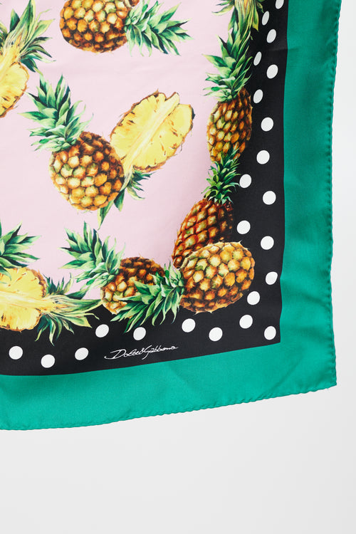 Dolce & Gabbana Pink Green & Multicolour Silk Pineapple Printed Scarf
