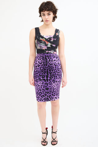 Dolce & Gabbana Black & Purple Silk Draped Printed Dress