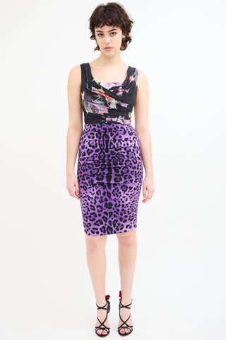 Dolce & Gabbana Black & Purple Silk Draped Printed Dress
