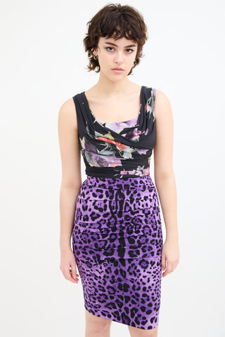 Dolce & Gabbana Black & Purple Silk Draped Printed Dress