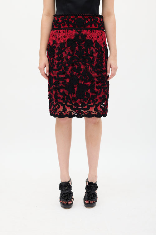 Dolce & Gabbana Red & Black Mesh Floral Embroidered Skirt