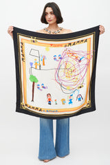 Dolce & Gabbana White Black & Multicolour Silk Illustrated Scarf