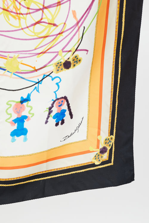 Dolce & Gabbana White Black & Multicolour Silk Illustrated Scarf