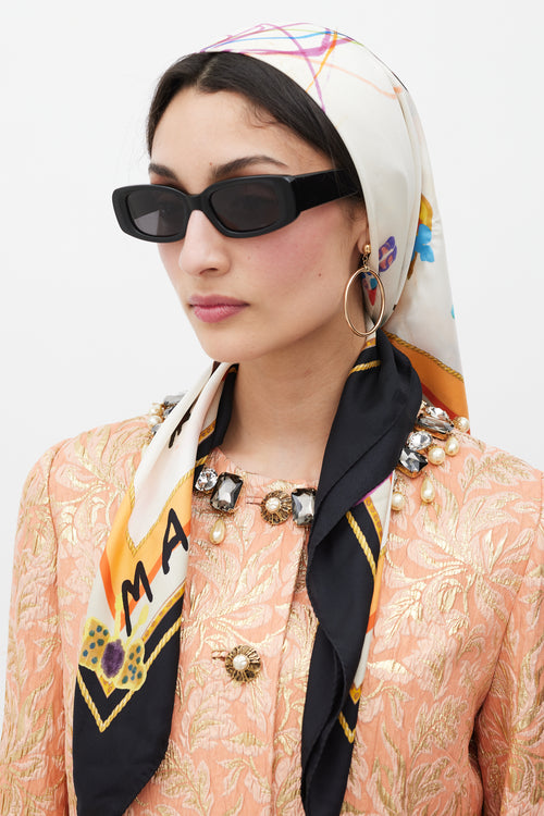 Dolce & Gabbana White Black & Multicolour Silk Illustrated Scarf