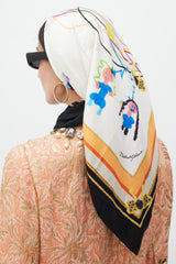 Dolce & Gabbana White Black & Multicolour Silk Illustrated Scarf