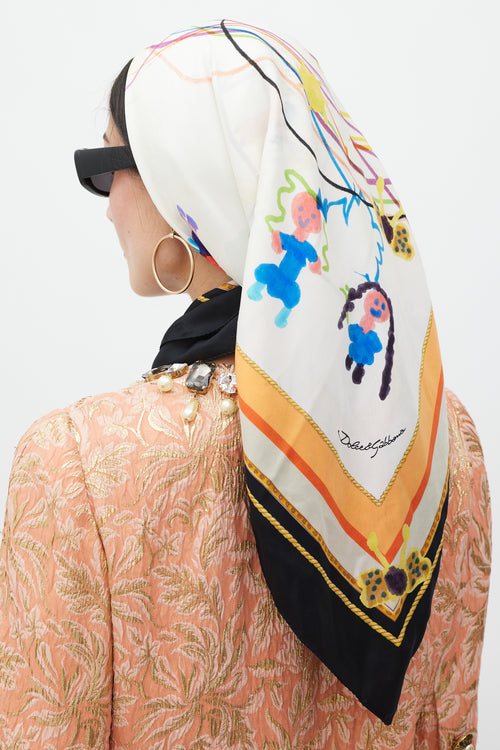 Dolce & Gabbana White Black & Multicolour Silk Illustrated Scarf