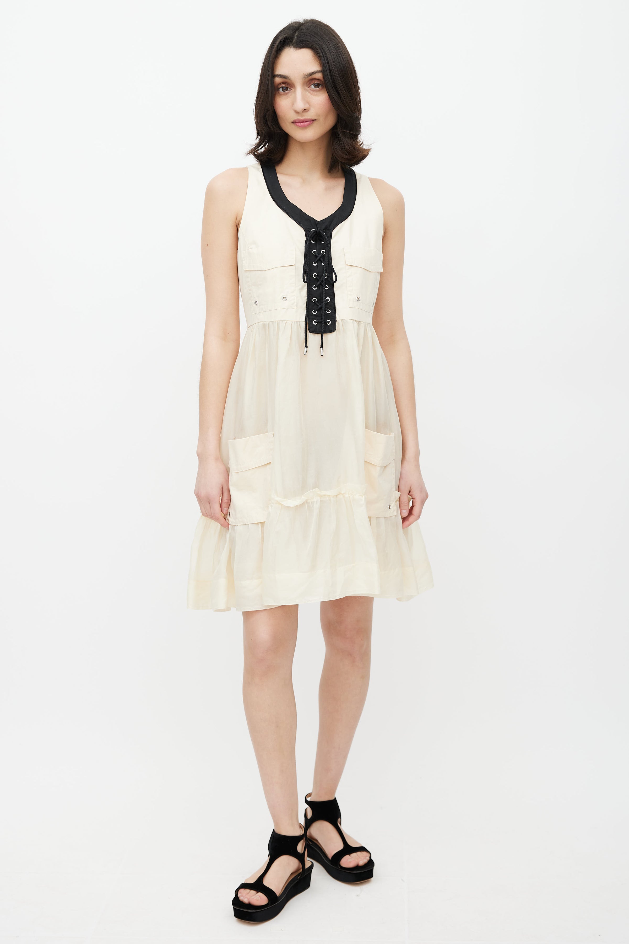 Dolce & Gabbana // Beige & Black Lace Up Dress VSP Consignment Dolce & Gabbana // Beige & Black Lace Up Dress VSP Consignment