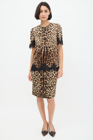 Dolce & Gabbana Beige & Brown Silk Printed Lace Trimmed Top