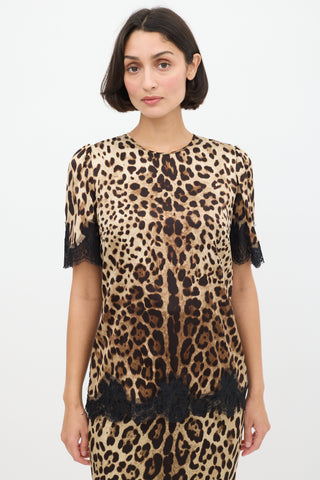 Dolce & Gabbana Beige & Brown Silk Printed Lace Trimmed Top