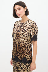 Dolce & Gabbana Beige & Brown Silk Printed Lace Trimmed Top