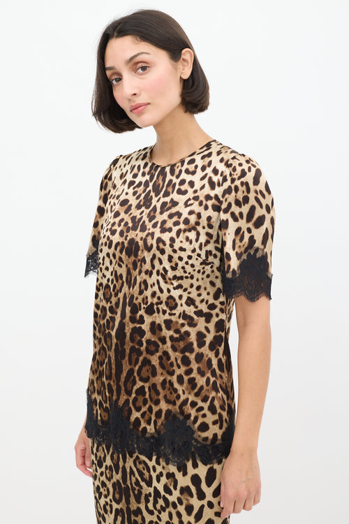 Dolce & Gabbana Beige & Brown Silk Printed Lace Trimmed Top