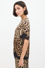 Dolce & Gabbana Beige & Brown Silk Printed Lace Trimmed Top