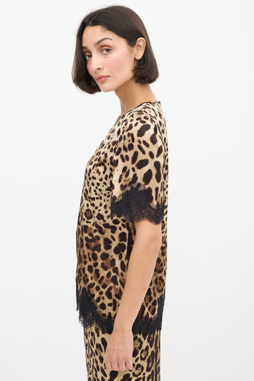 Dolce & Gabbana Beige & Brown Silk Printed Lace Trimmed Top