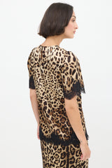Dolce & Gabbana Beige & Brown Silk Printed Lace Trimmed Top