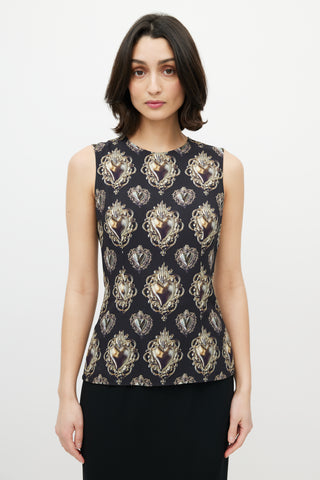 Dolce & Gabbana Black & Gold Heart Crest Sleeveless Blouse