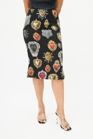 Dolce & Gabbana Black Heart Print Midi Skirt