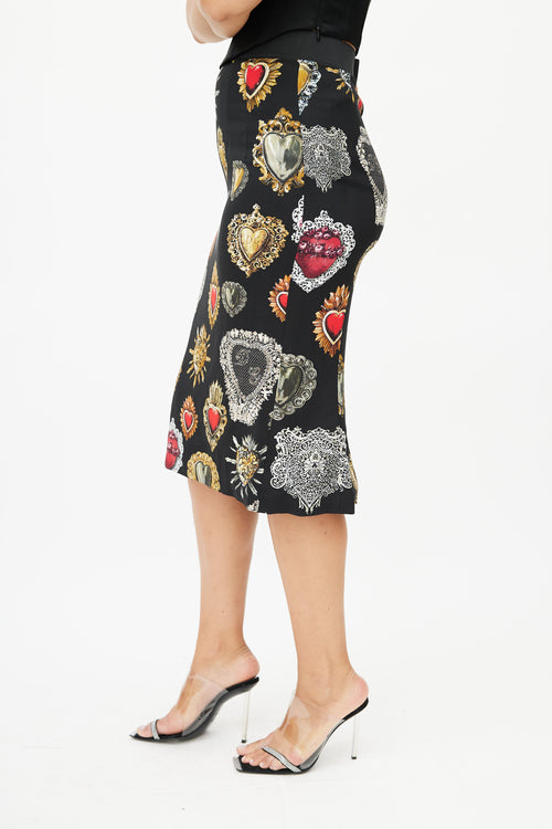 Dolce & Gabbana Black Heart Print Midi Skirt