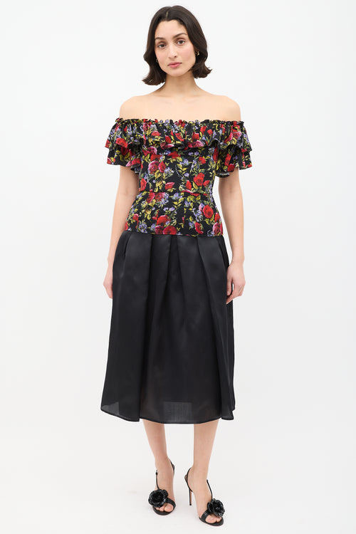 Dolce & Gabbana Black & Multi Silk Rose Ruffle Peplum Top