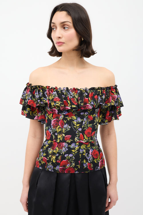 Dolce & Gabbana Black & Multi Silk Rose Ruffle Peplum Top