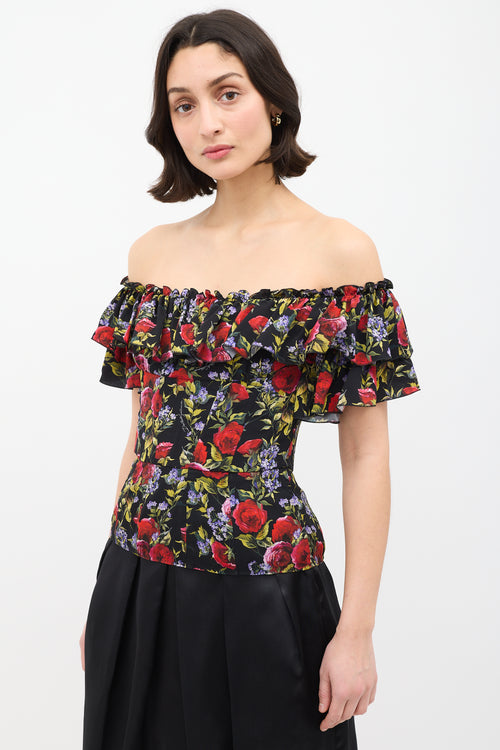 Dolce & Gabbana Black & Multi Silk Rose Ruffle Peplum Top