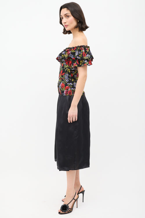 Dolce & Gabbana Black & Multi Silk Rose Ruffle Peplum Top