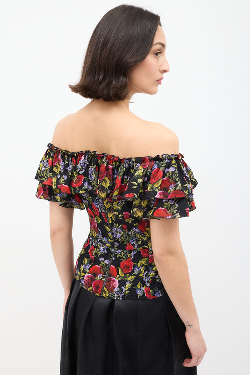 Dolce & Gabbana Black & Multi Silk Rose Ruffle Peplum Top