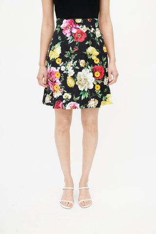 Dolce & Gabbana Black & Multi Floral Buttoned Skirt