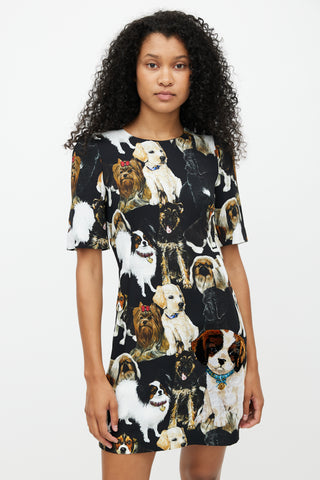 Dolce & Gabbana Black & Multicolour Dog Print Dress
