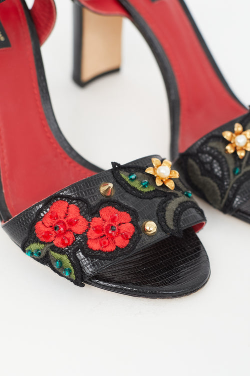 Dolce & Gabbana Black & Multicolour Embossed Floral Heel