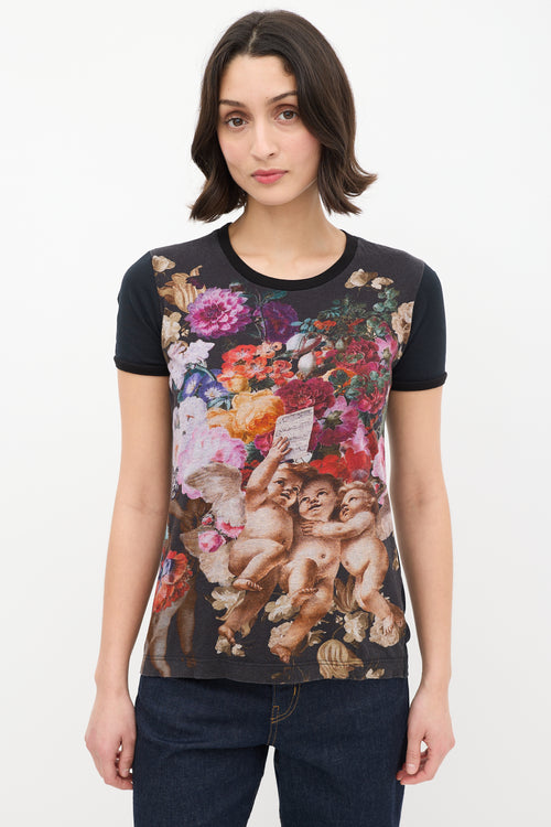 Dolce & Gabbana Black & Multicolour Floral Cherub Graphic T-Shirt