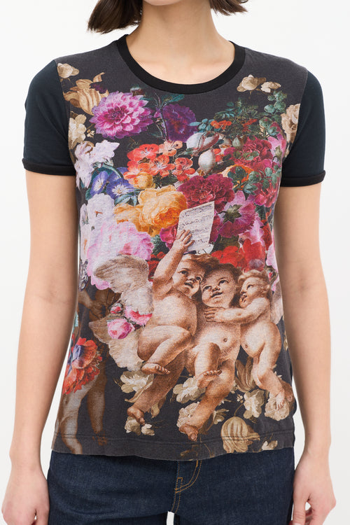 Dolce & Gabbana Black & Multicolour Floral Cherub Graphic T-Shirt