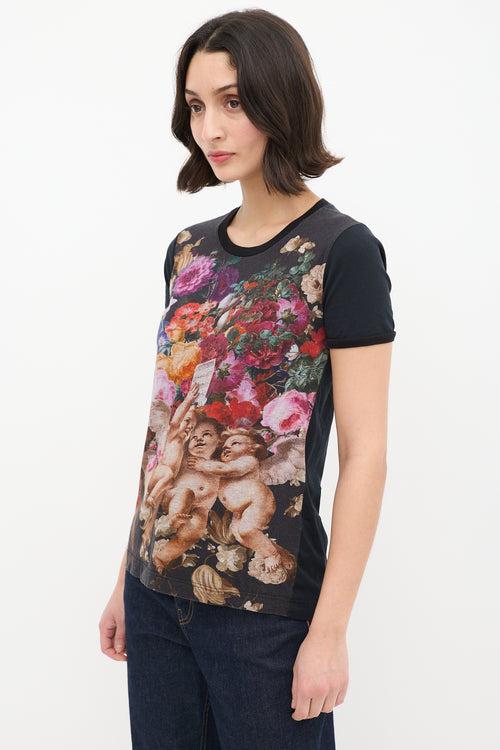 Dolce & Gabbana Black & Multicolour Floral Cherub Graphic T-Shirt