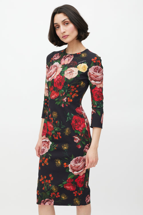 Dolce & Gabbana Black & Multicolour Floral Sheath Dress