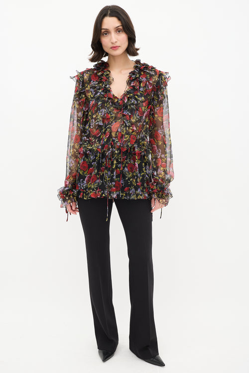 Dolce & Gabbana Black & Multi Floral Tie Ruffle Blouse